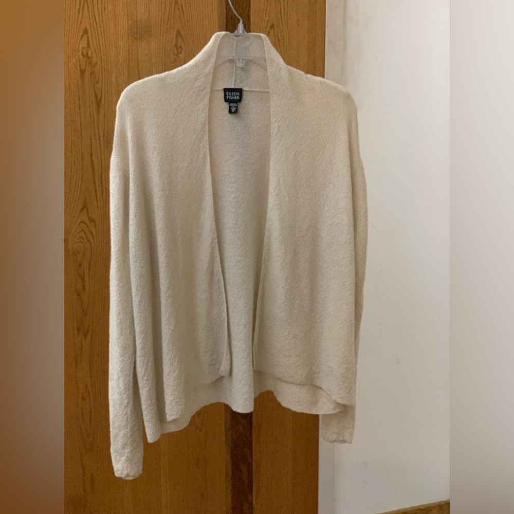 Women's Medium Ivory Cream Wool Crepe Eileen Fisher Open Front Cardigan Top